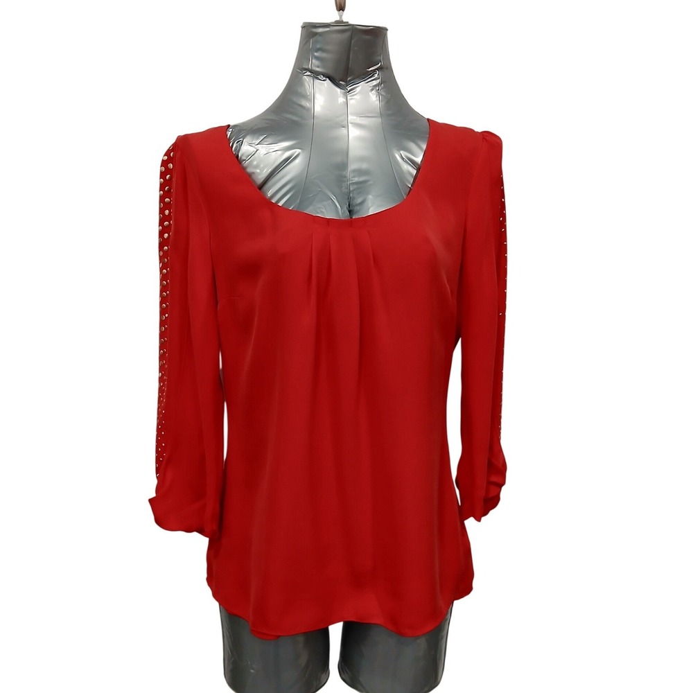 White House Black Market Red Silk Studded 3/4 Sleeve Scoop Neck Top Women 6